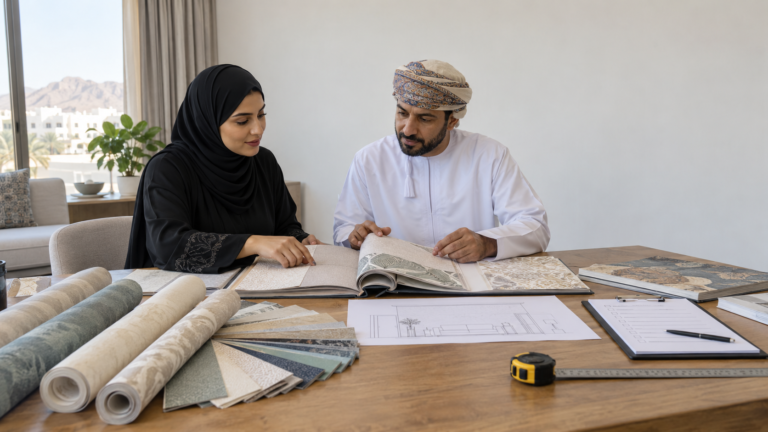 Buyer comparing wallpaper samples and installation quote details in Muscat