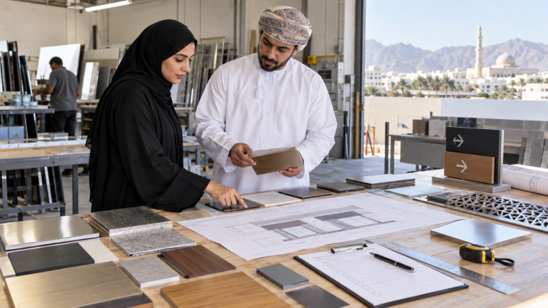 Business owner comparing signage materials and shopfront drawings in Muscat