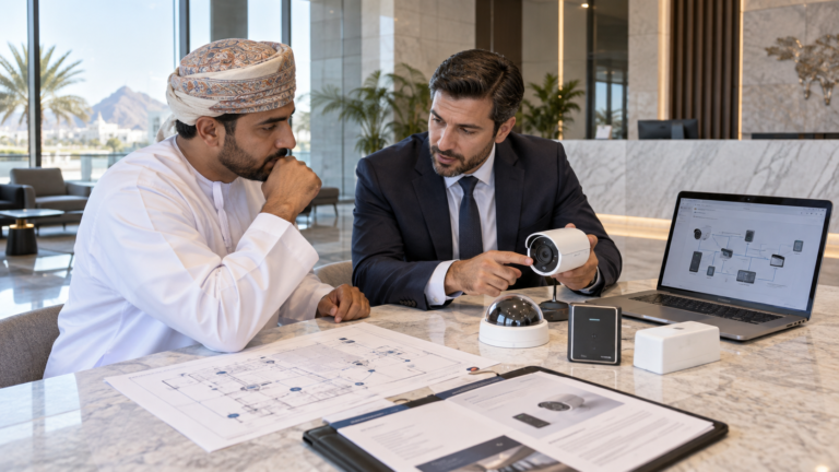 Facilities manager comparing CCTV and access-control equipment in an Oman office