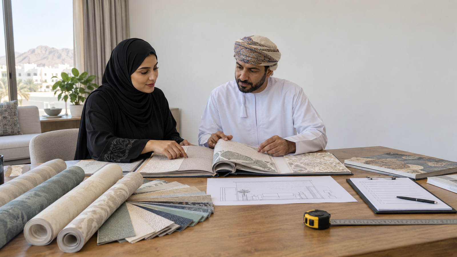Buyer comparing wallpaper samples and installation quote details in Muscat
