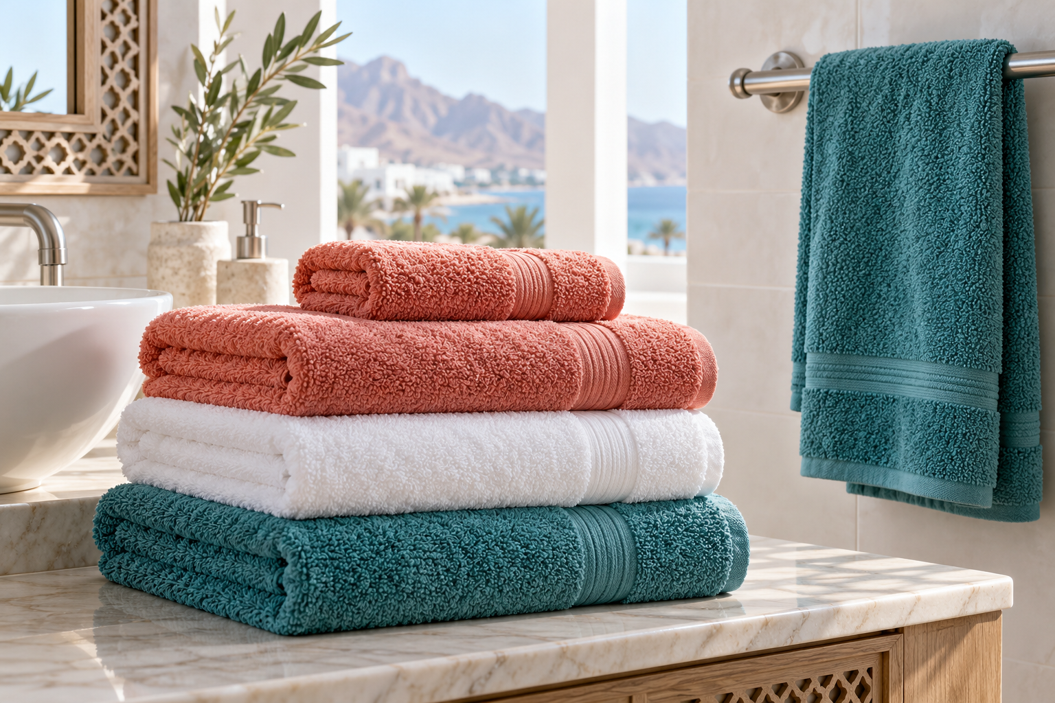 Coral, white and teal towels stacked on a bathroom counter beside a teal towel hanging on a rail. | مناشف مرجانية وبيضاء وأخرى بلون أزرق مخضر مطوية فوق سطح الحمام بجانب منشفة معلقة على حامل.