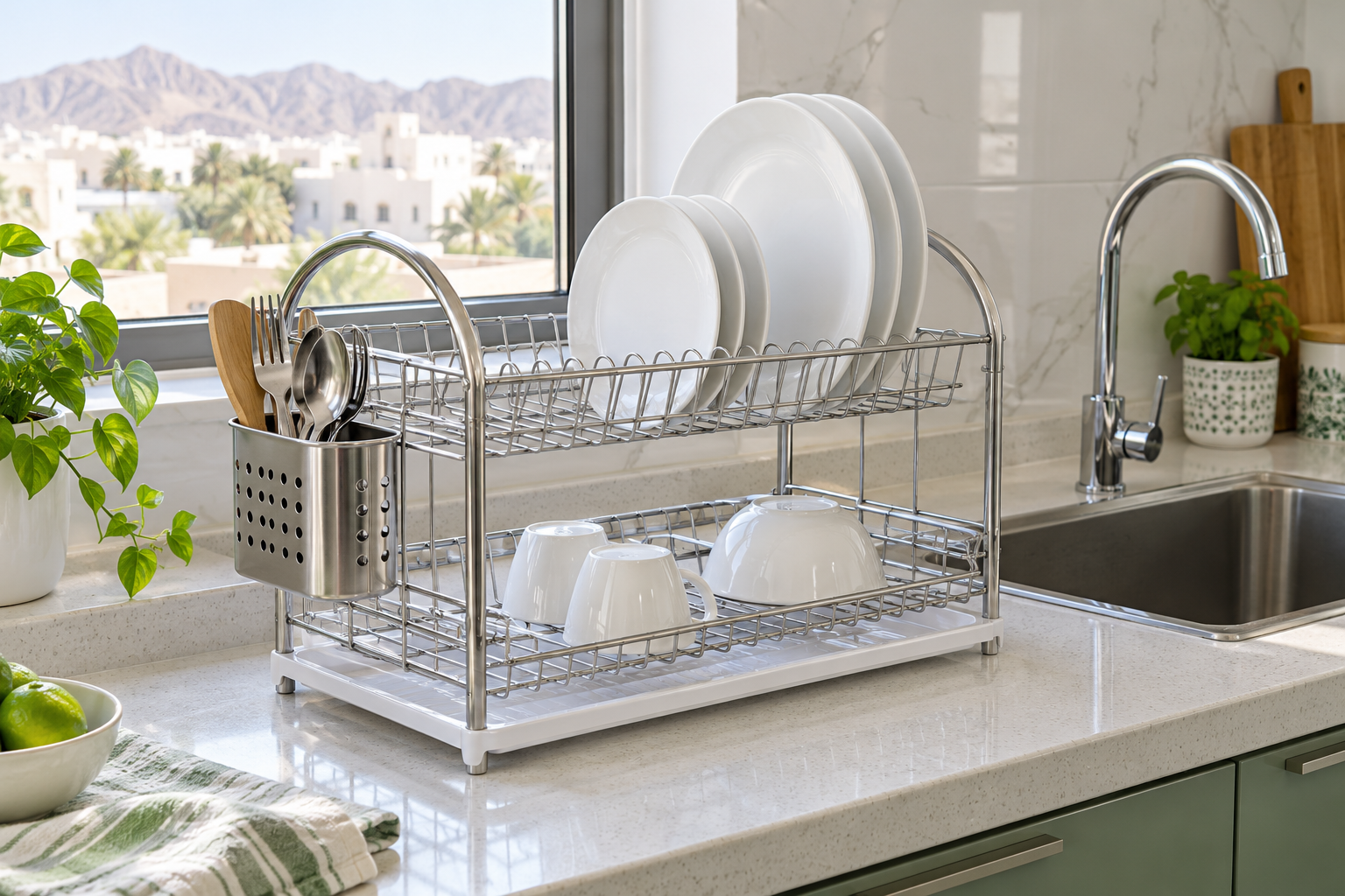 A two-tier dish drying rack with plates, cups, a cutlery holder and a white tray beside a sink. | مجفف صحون من مستويين يحمل أطباقاً وأكواباً وحامل أدوات مائدة فوق صينية بيضاء بجانب حوض.