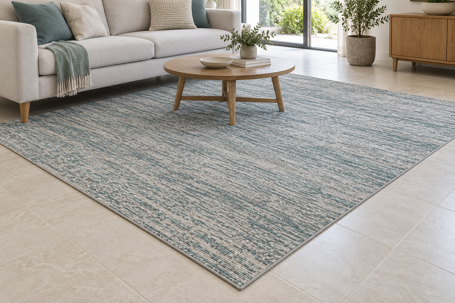 A flatwoven living room rug with its edges visible beneath a sofa and coffee table. | سجادة مسطحة النسج في غرفة معيشة تظهر أطرافها أسفل أريكة وطاولة قهوة.