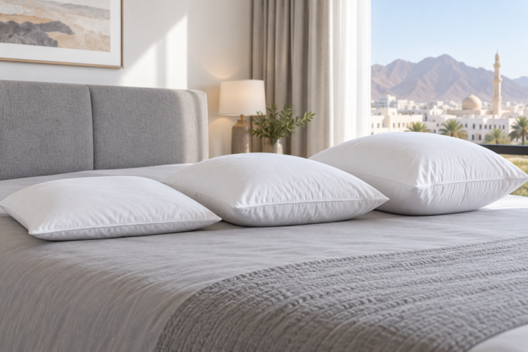 Three white bed pillows with low, medium and high profiles arranged on a grey bed. | ثلاث وسائد نوم بيضاء بارتفاعات منخفضة ومتوسطة وعالية مرتبة على سرير رمادي.