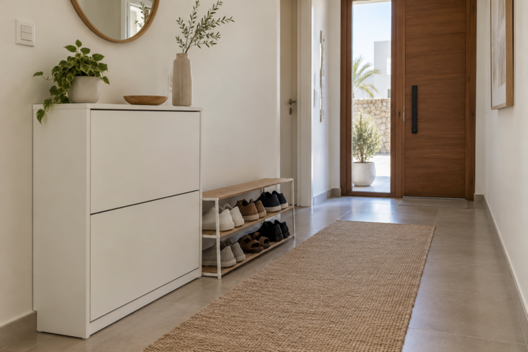 A shallow shoe cabinet and open shoe rack in a bright entrance. | خزانة أحذية قليلة العمق ورف مفتوح في مدخل مضيء.