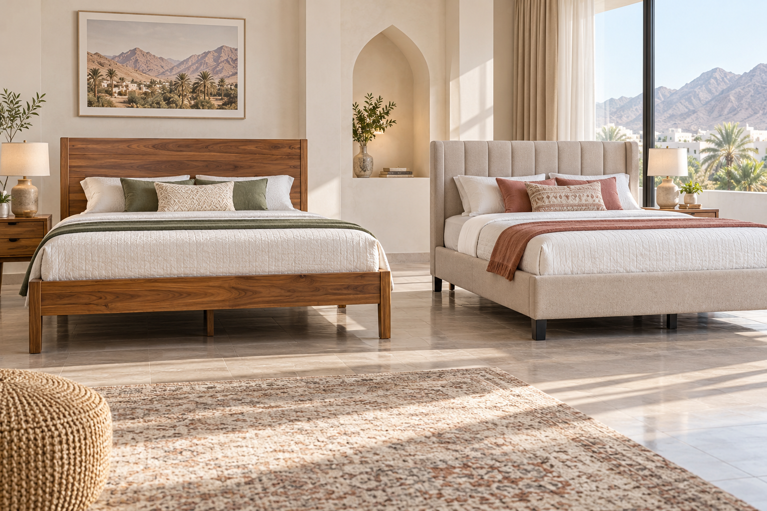 Wood and upholstered bed frames shown with visible under-bed clearance. | هيكلا سرير خشبي ومبطن تظهر أسفلهما مساحة التخزين والمرور.