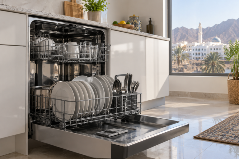 An open domestic dishwasher showing racks and everyday dishes. | غسالة صحون منزلية مفتوحة تظهر رفوفها وأواني الاستخدام اليومي.