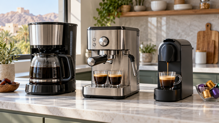 Drip, espresso and capsule coffee makers lined up on a kitchen counter. | آلات قهوة بالتقطير والإسبريسو والكبسولات مصطفة على سطح المطبخ.