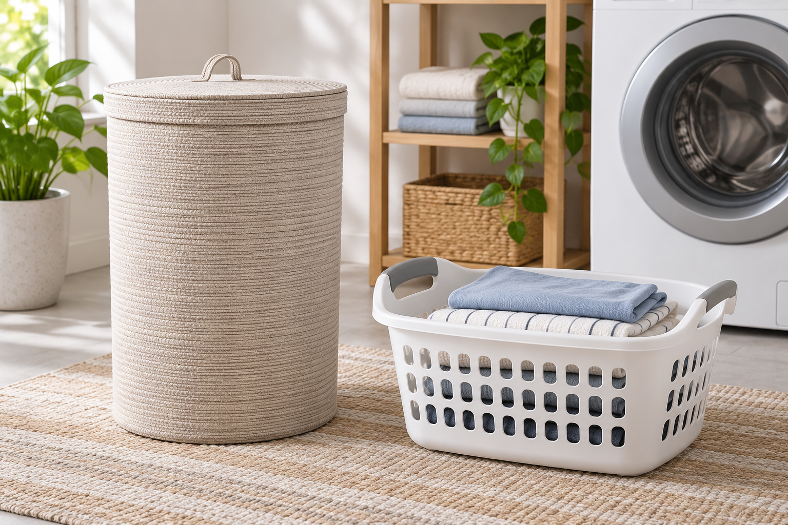 A lidded laundry hamper beside a low carry basket containing folded towels. | سلة غسيل بغطاء بجانب سلة حمل منخفضة تحتوي على مناشف مطوية.