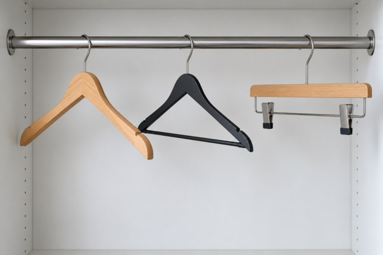 Wooden, slim and clip hangers arranged on a wardrobe rail. | علاقات خشبية ورفيعة وأخرى بمشابك مرتبة على قضيب داخل خزانة.