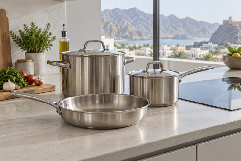 Stainless-steel pots and a frying pan on a kitchen worktop. | قدور من الفولاذ المقاوم للصدأ ومقلاة على سطح مطبخ.
