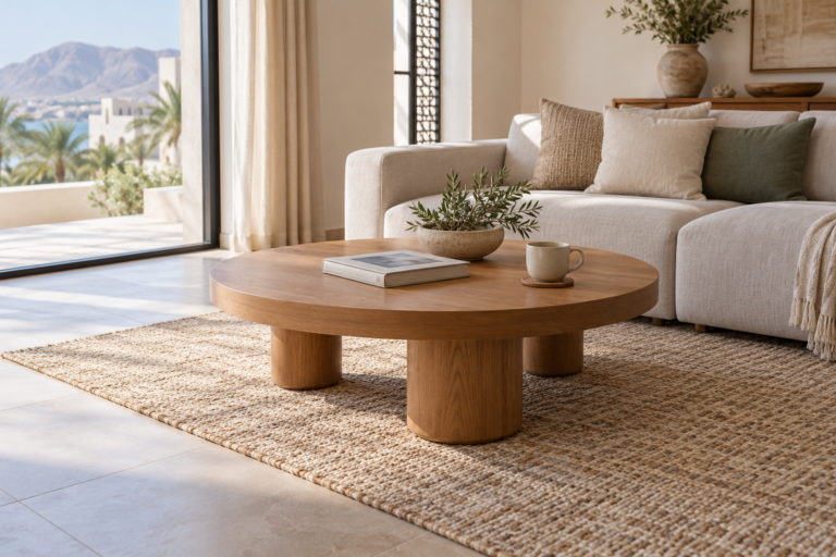 A low round coffee table beside a sofa with clear walking space around it. | طاولة قهوة دائرية منخفضة بجوار أريكة مع مساحة واضحة للحركة حولها.