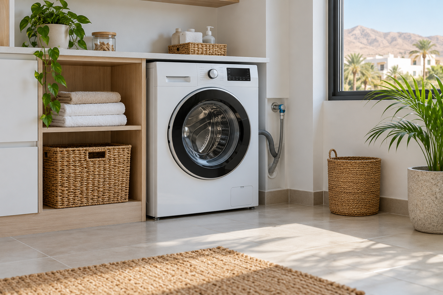 A front-loading washing machine in a laundry area beside a wicker basket. | غسالة ملابس أمامية في مساحة غسيل بجوار سلة خوص.
