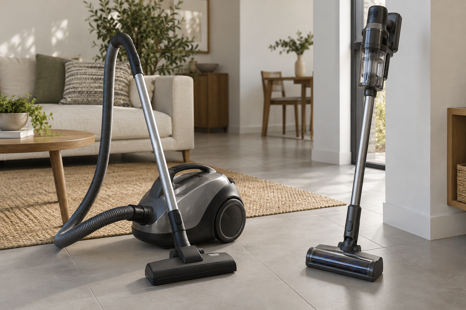 A canister vacuum and cordless stick vacuum beside tile and a rug. | مكنسة بسلك وأخرى عصوية لاسلكية بجانب أرضية بلاط وسجادة.