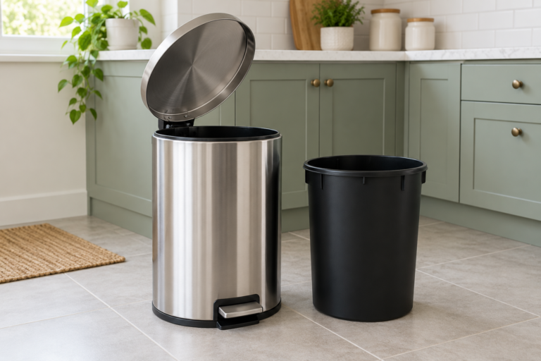 A household pedal bin with its lid open and a removable inner bucket. | سلة مهملات منزلية بدواسة وغطاء مفتوح ودلو داخلي قابل للإزالة.