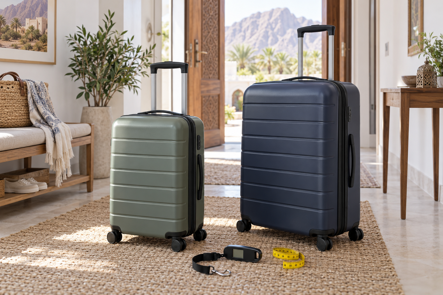 Two suitcases with a measuring tape and luggage scale. | حقيبتا سفر مع شريط قياس وميزان للأمتعة.