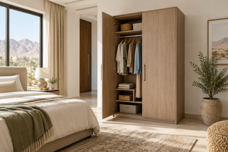 A freestanding bedroom wardrobe with one open door showing shelves and a hanging rail. | خزانة ملابس قائمة في غرفة نوم بباب مفتوح يُظهر أرففاً وقضيب تعليق.