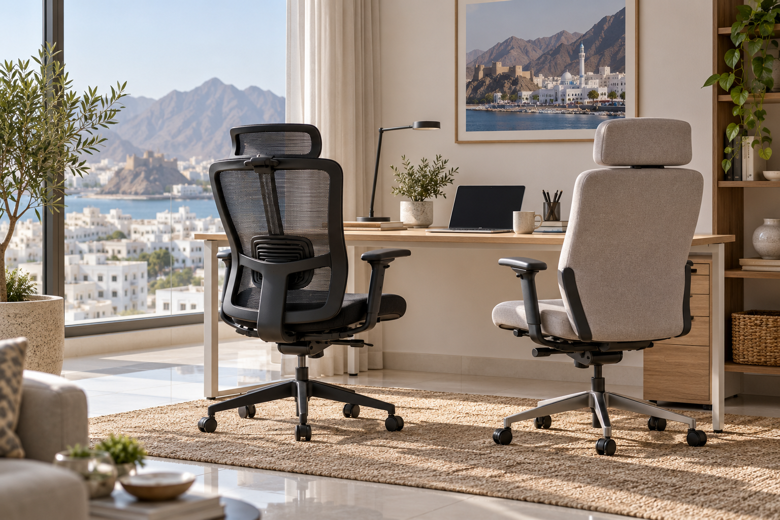 Two adjustable desk chairs beside a compact work desk. | كرسيان قابلان للتعديل بجوار مكتب عمل صغير.