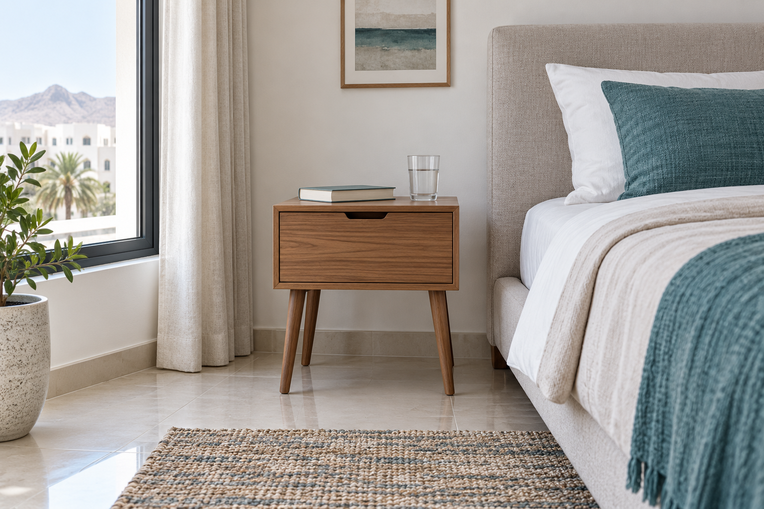 A compact bedside table with a closed drawer, book and glass beside a bed. | طاولة جانبية صغيرة بجوار سرير وعليها كتاب وكوب وبها درج مغلق.