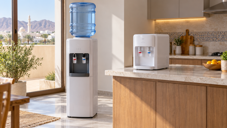 Freestanding bottled-water dispenser beside a compact tabletop dispenser. | برادة مياه قائمة بجوار برادة صغيرة توضع على الطاولة.