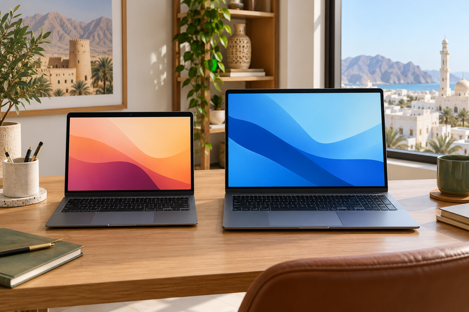 Two open laptops showing different screen sizes and keyboard layouts on a desk. | حاسوبان محمولان مفتوحان بحجمي شاشة وتخطيطي لوحة مفاتيح مختلفين على مكتب.