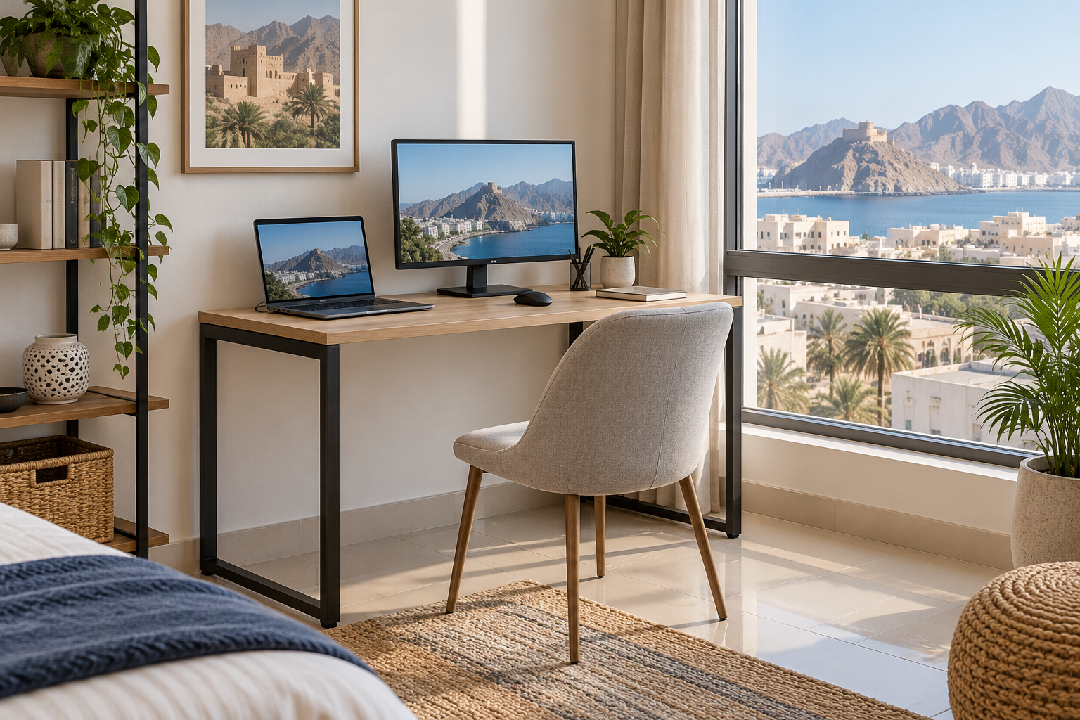 A simple home desk with a laptop and monitor beside a chair. | مكتب منزلي بسيط عليه حاسوب محمول وشاشة بجوار كرسي.