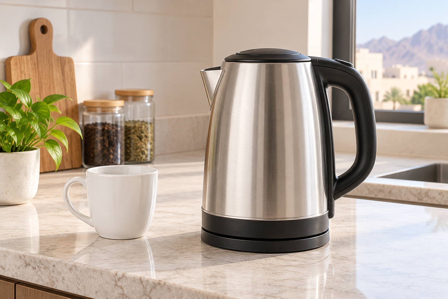 A metal electric kettle on its black base beside one white mug on a kitchen counter. | غلاية كهربائية معدنية على قاعدة سوداء بجانب كوب أبيض واحد على سطح المطبخ.