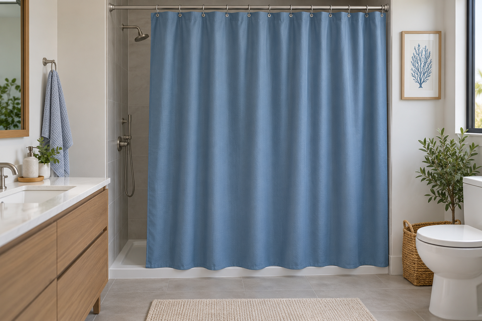 A plain blue shower curtain hanging from rings inside a white bathroom. | ستارة حمام زرقاء بسيطة معلّقة بحلقات داخل حمام أبيض.