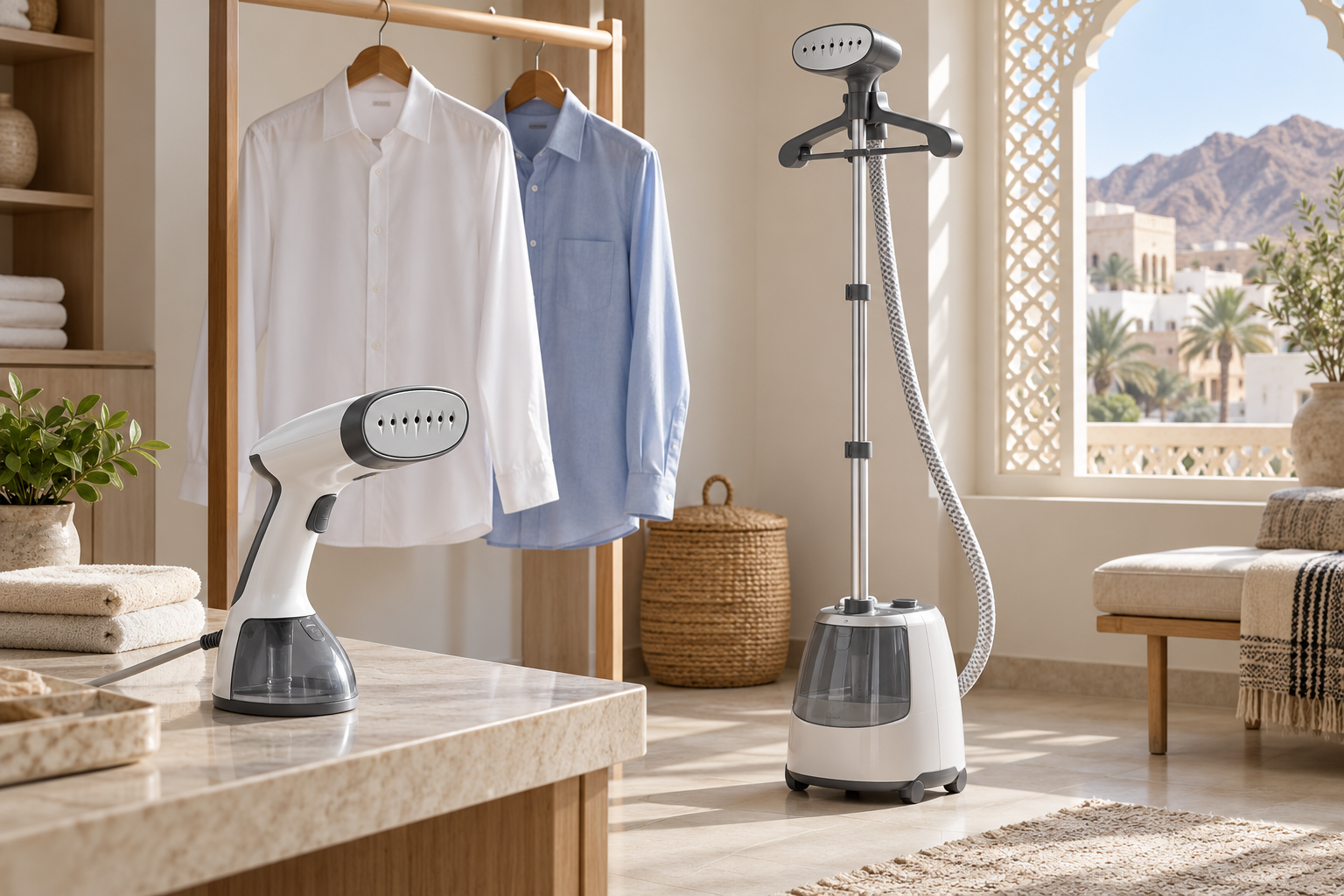 Handheld and upright garment steamers beside hanging shirts. | جهاز بخار يدوي وآخر قائم للملابس بجوار قمصان معلقة.