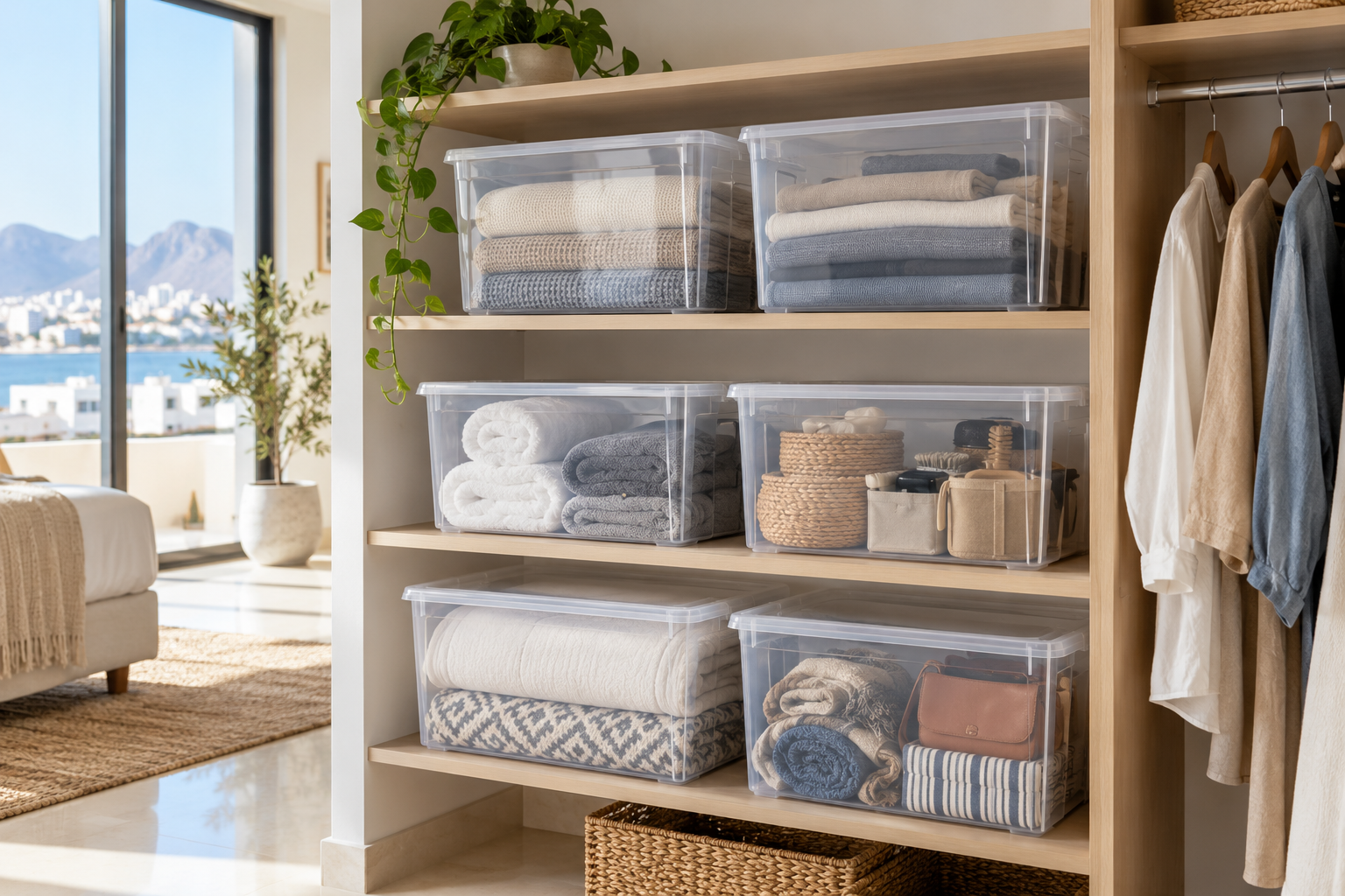 Clear household storage boxes with lids stacked on a shelf, with contents visible. | صناديق تخزين منزلية شفافة بأغطية مكدسة على رف وتظهر محتوياتها.