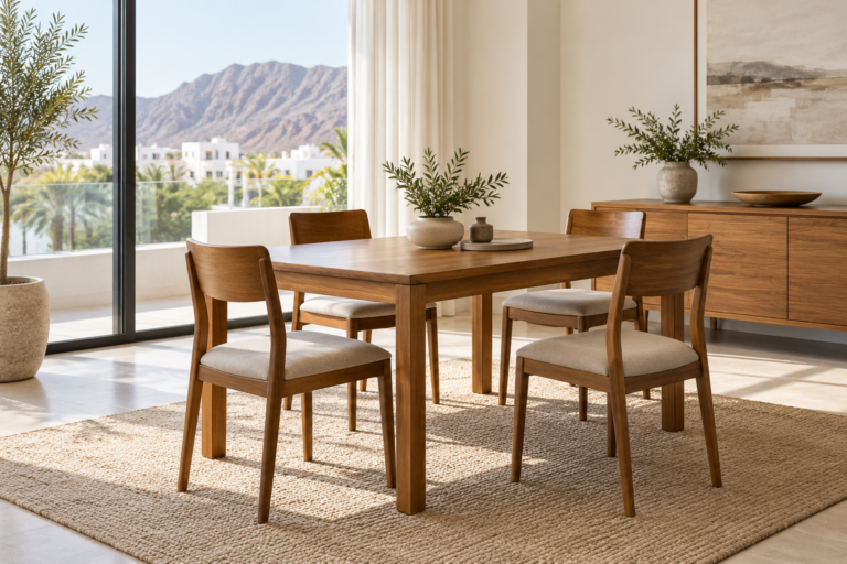 A rectangular wooden dining table with four chairs in a bright dining room. | طاولة طعام خشبية مستطيلة مع أربعة كراسٍ في غرفة طعام مضيئة.