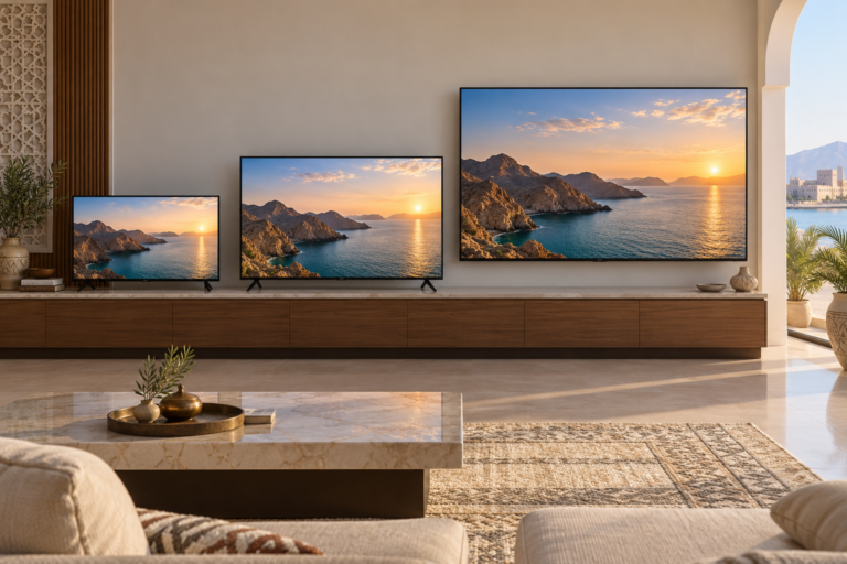 Three televisions of different screen sizes displayed side by side. | ثلاثة أجهزة تلفاز بأحجام شاشات مختلفة معروضة جنباً إلى جنب.