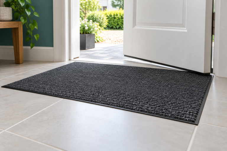 A dark entrance mat with a black border on a tiled floor beside an open white door. | دعاسة مدخل داكنة بحافة سوداء على أرضية بلاط بجانب باب أبيض مفتوح.