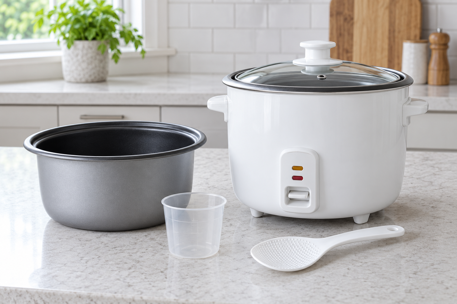 A conventional rice cooker with a glass lid, removable bowl, measuring cup and paddle. | جهاز تقليدي لطهي الأرز بغطاء زجاجي ووعاء قابل للإزالة وكوب قياس وملعقة.