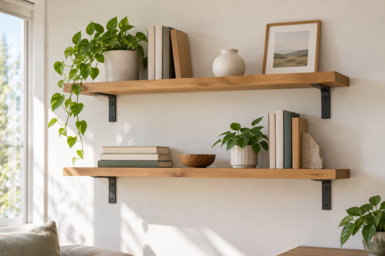 Two simple wall shelves with visible brackets, books and small objects. | رفان جداريان بسيطان بحوامل ظاهرة وعليهما كتب وأغراض صغيرة.