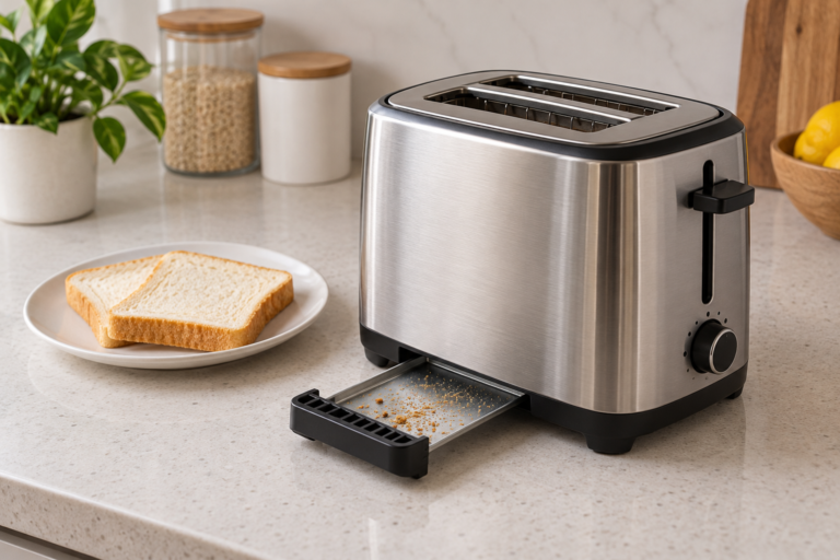 A two-slot toaster with bread slices beside it and its crumb tray visible. | محمصة خبز بفتحتين وبجانبها شرائح خبز وتظهر صينية الفتات.