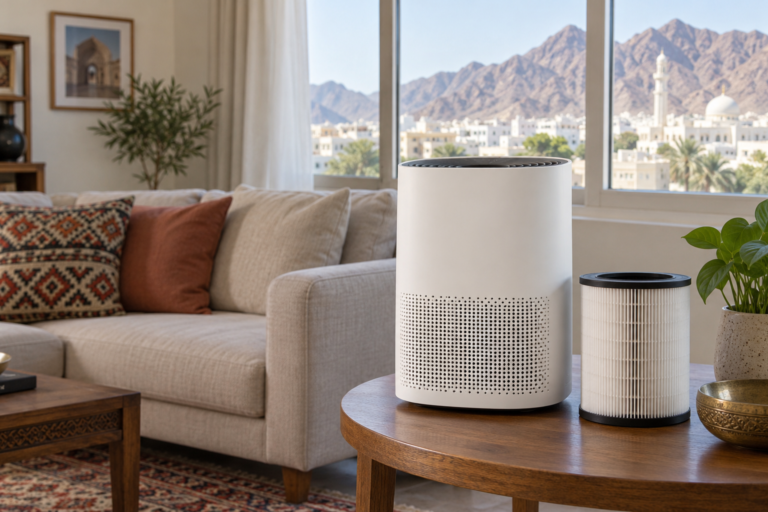 A home air purifier beside a replacement filter. | جهاز منزلي لتنقية الهواء وبجانبه فلتر بديل.