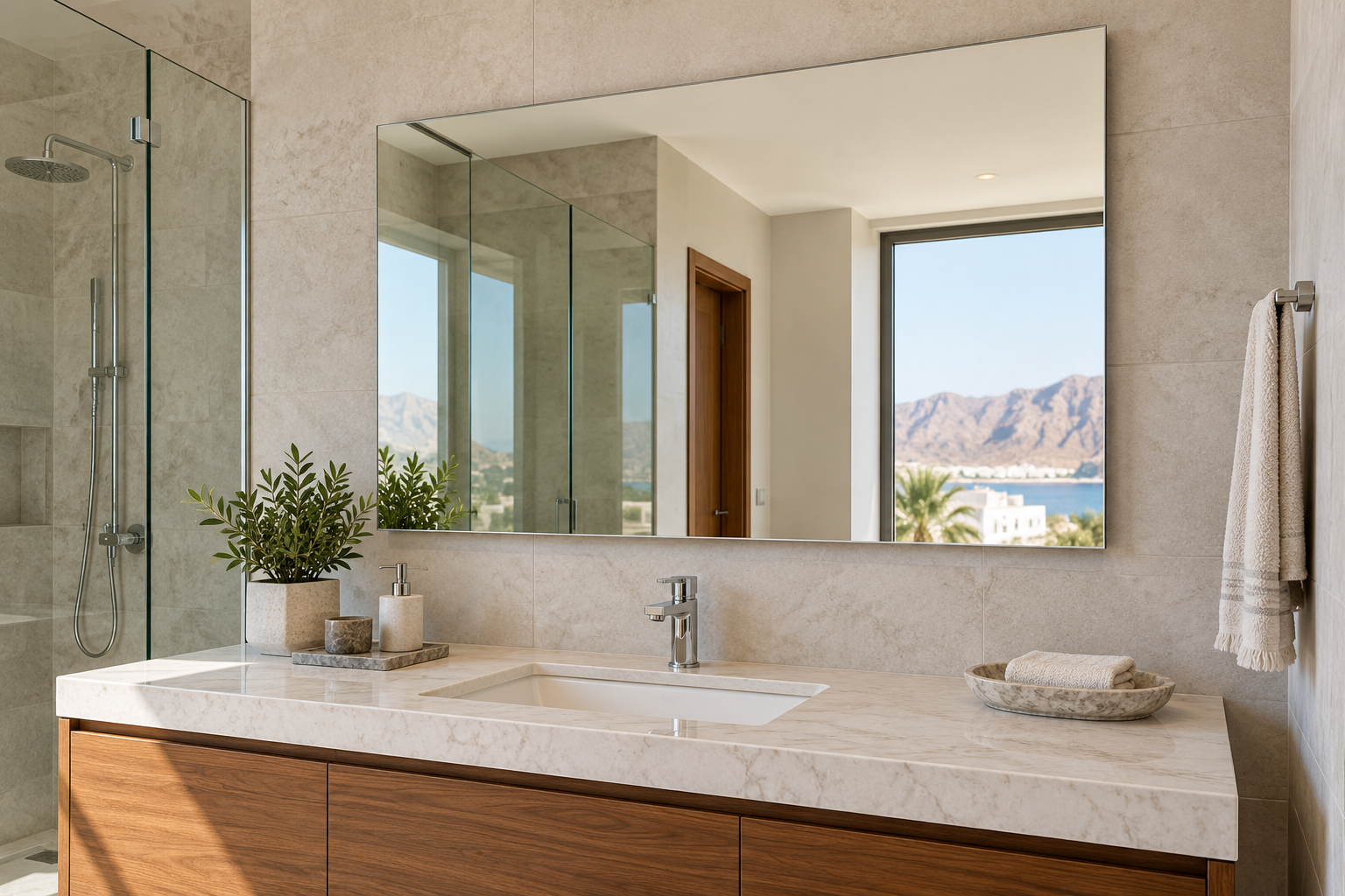 A wall-mounted bathroom mirror above a basin with clear space beside the tap. | مرآة حمام مثبتة على الجدار فوق حوض مع فراغ واضح بجانب الصنبور.