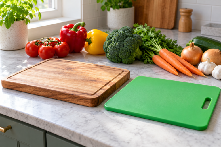 Wooden and plastic chopping boards on a kitchen counter beside whole vegetables. | لوحا تقطيع خشبي وبلاستيكي على سطح مطبخ بجانب خضار كاملة.
