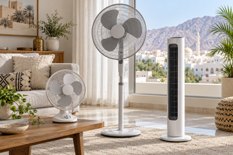 Table, pedestal and tower fans shown at their typical room heights. | مروحة طاولة ومروحة عمودية ومروحة برجية موضوعة بارتفاعاتها المعتادة في الغرفة.