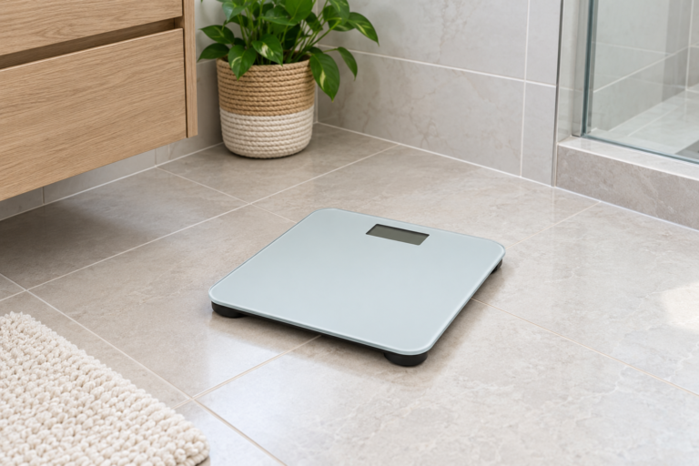A digital bathroom scale with an unlit display on a dry tiled floor. | ميزان حمام رقمي بشاشة غير مضاءة على أرضية بلاط جافة.