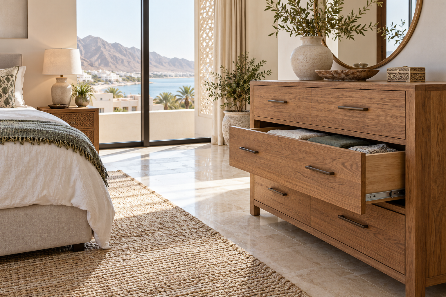 A chest of drawers with one drawer open, showing usable depth and floor clearance. | خزانة أدراج بدرج مفتوح يوضح عمقه والمساحة حولها.
