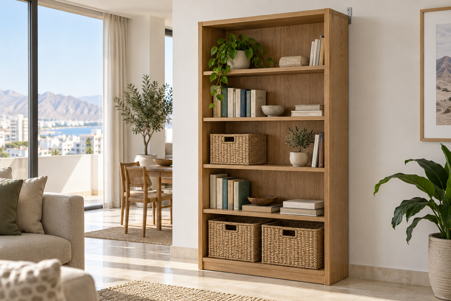 A freestanding wooden bookcase with books and baskets against a pale wall. | مكتبة خشبية قائمة عليها كتب وسلال أمام جدار فاتح.