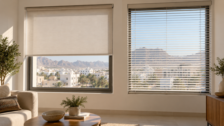 Roller and Venetian blinds on adjacent windows in a bright room. | ستارة لف وشرائح فينيسية على نافذتين متجاورتين في غرفة مضيئة.