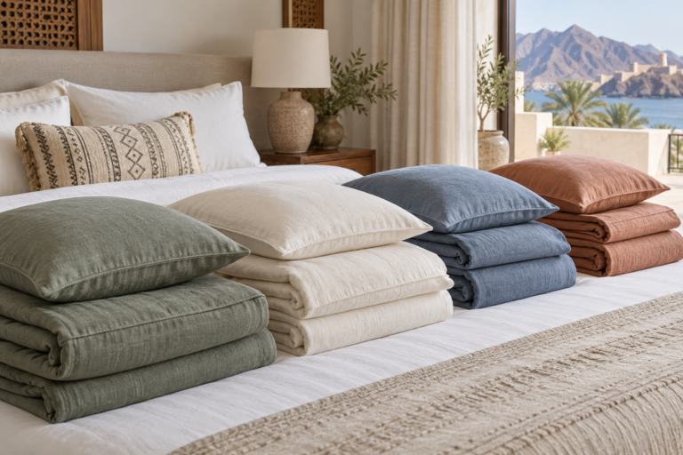 Folded duvet cover sets with matching pillowcases in different fabrics. | أطقم أغطية لحاف مطوية مع أغطية وسائد مطابقة بخامات مختلفة.