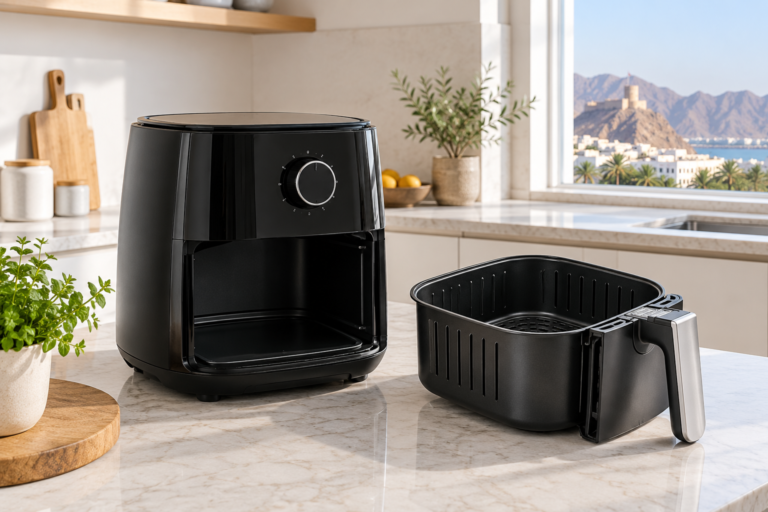 A countertop air fryer with its removable basket resting beside it. | قلاية هوائية على سطح المطبخ وسلتها القابلة للإزالة موضوعة بجوارها.