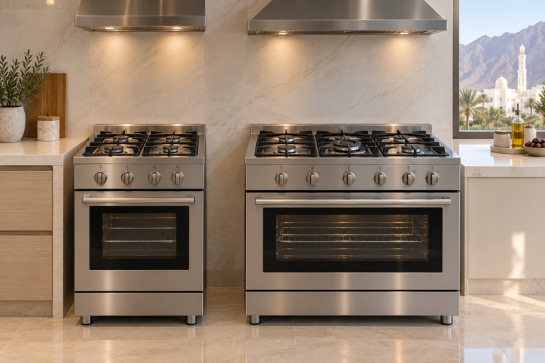 Two freestanding cooking ranges with different widths and burner layouts. | فرنان قائمان بعرضين مختلفين وتوزيع مختلف للشعلات.