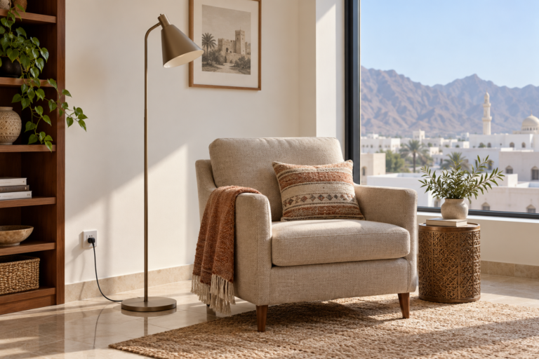 A freestanding floor lamp beside a reading chair with its base and cord visible. | مصباح أرضي قائم بجوار كرسي قراءة مع ظهور القاعدة والسلك.
