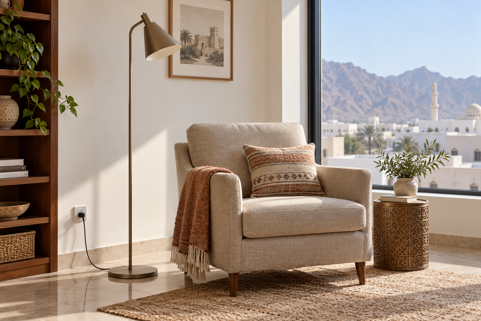 A freestanding floor lamp beside a reading chair with its base and cord visible. | مصباح أرضي قائم بجوار كرسي قراءة مع ظهور القاعدة والسلك.