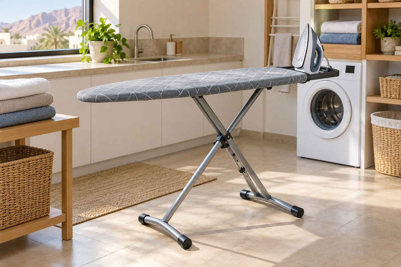 A freestanding ironing board with a grey cover and an iron on its rest in a laundry room. | لوح كي قائم بغطاء رمادي ومكواة على حامله في غرفة غسيل.